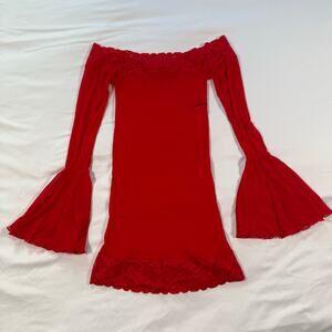 vintage sheer lace red off shoulder mini dress bell sleeves on size